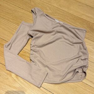 Caution To The Wind One-Shoulder Ribbed Beige Top